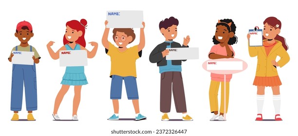 Young Children Characters Proudly Clutching Their Personalized Name Plates, Beaming With Excitement As They Showcase Their Individuality And Sense Of Belonging. Cartoon People Vector Illustration svg