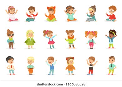 Young Children Dressed In Cute Kids Fashion Clothes, Series Of Illustrations With Kids And Style