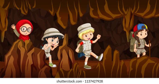 Young children exploring a cave illustration