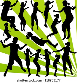 Young children illustration collection silhouettes jumping in the air background vector