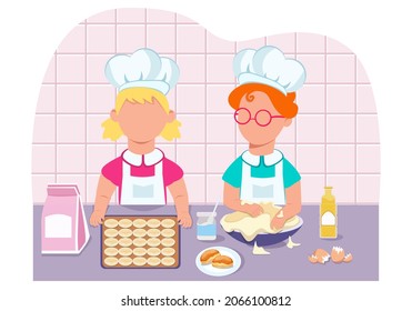 Young children knead dough for a sweet dessert. The process takes place in the kitchen, where little pastry chefs learn to cook. The boy and girl are faceless characters in a flat comic style. Vector.