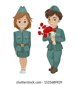 Young children in military clothes. Boy holding bouquet of red carnations, roses. Congratulate with russian holiday Victory day 9 may. Isolated objects on white background. Flat style cartoon drawing