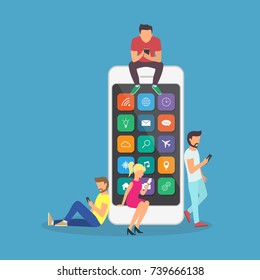 Young children are near a large smartphone and using phones to read news and communicate.