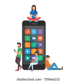 Young children are near a large smartphone and using phones to read news and communicate.
