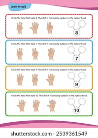 Crianças pequenas em creche ou jardim de infância podem desenvolver suas habilidades adicionais contando com seus dedos com esta planilha. Aprenda a adicionar.