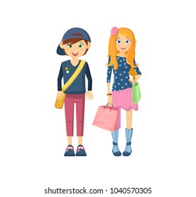 Young children pair, boy and girl, in school clothes, carrying backpack, going to school. Illustration character in cartoon style.