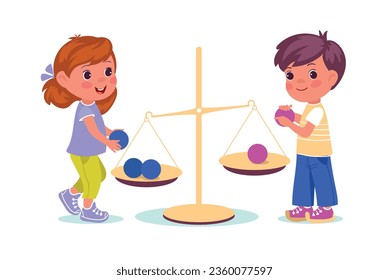 Young children play with scales and different weights. Boy and girl put balls on weigher. Toys mass measurement. Educational game. Spheres comparison. Balance equilibrium