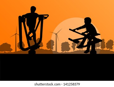 Young children playground in countryside farm forest wind generator background illustration vector