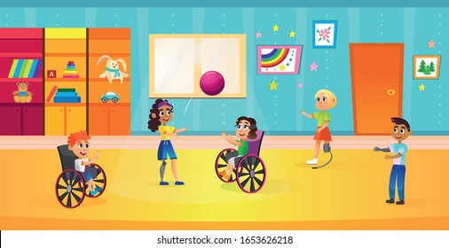 Jóvenes jugando con una ilustración vectorial de caricatura plana. Niños discapacitados en silla de ruedas y con una tesis haciendo deporte juntos en la habitación. Amigos Divirtiéndose. Problemas con Piernas y Armas.