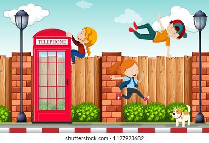 Young children playing in the street illustration