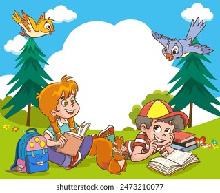 Young children read an interesting book and their imagination develops. Vector illustration. Flat design.