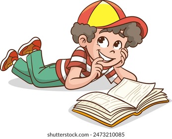 Los niños pequeños leen un libro interesante y su imaginación se desarrolla. Ilustración vectorial. Diseño plano.