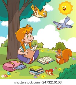 Young children read an interesting book and their imagination develops. Vector illustration. Flat design.