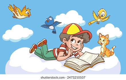 Young children read an interesting book and their imagination develops. Vector illustration. Flat design.
