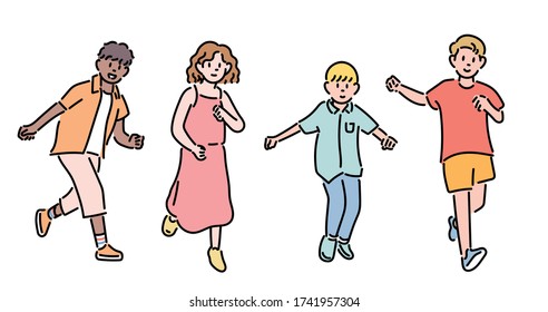 Young children are running along with their friends. hand drawn style vector design illustrations. 