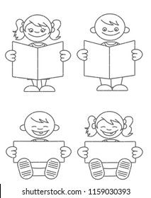 Young children standing and sitting and reading books. Learning read and write. Black and white lineage girl and boy. 2d vector, illustration