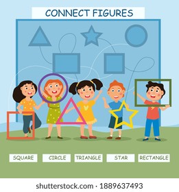 Young children studying icons and figures standing holding a variety of forms and shapes above the corresponding words, colored cartoon vector illustration