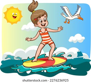 Young children surfing on sea.Kid swimming with body board. Active water sports for kids.Vector illustration