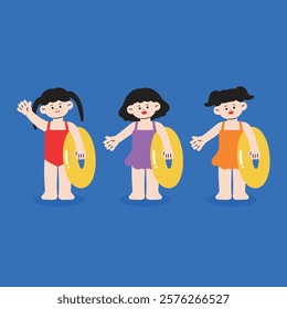 Young children in swimsuits preparing to swim