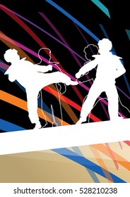 Young children taekwondo martial arts fighters combat fighting and kicking sport silhouettes abstract illustration background vector