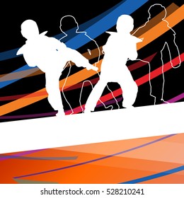 Young children taekwondo martial arts fighters combat fighting and kicking sport silhouettes abstract illustration background vector