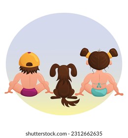 Young children together with the dog watching the sea sunset. Cute illustration of boy, girl, and dog on the beach. Vetor. Cartoon.