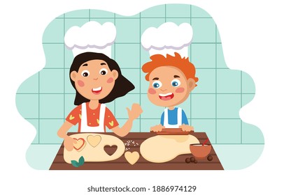 Young children wearing a cooks toque having fun cooking together in the kitchen making cookies, colored cartoon vector illustration