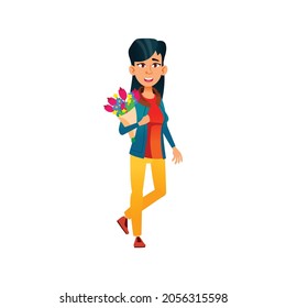 young chinese girl walking with flower bouquet in park cartoon vector. young chinese girl walking with flower bouquet in park character. isolated flat cartoon illustration