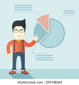 A young chinese guy represents and share his business financial pie chart. Teamwork concept. A contemporary style with pastel palette soft blue tinted background. Vector flat design illustration