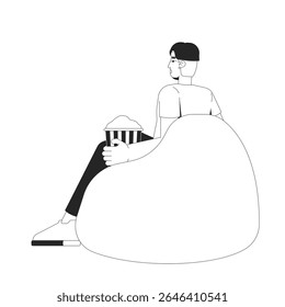 Jovem chinês apreciando pipoca no personagem da linha 2D do saco de feijão. Hora do lanche. Noite do filme. Menino asiático com balde listrado em saco de feijão isolado vetor tinta contorno pessoa. Ilustração de ponto monocromático