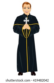 Young christian priest in cassock holding a cross