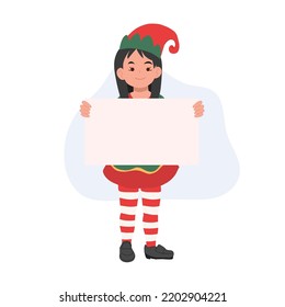 young Christmas Elf girl with sign. vector illustration