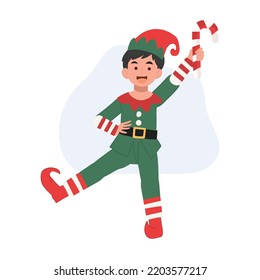 Young christmas elf kid with candy cane. Vector illustration