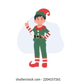 Young christmas elf kid is making introduction. vector illustration