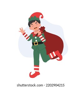 Young christmas elf kid with a santa gift sack. vector illustration