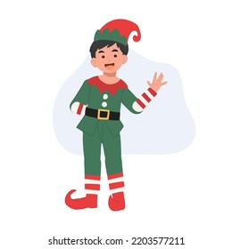Young christmas elf kid is saying 'Hi' merry christmas. Vector illustration