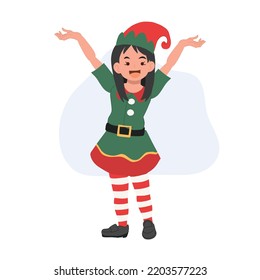 Young christmas elf kid is showing something. Vector illustration