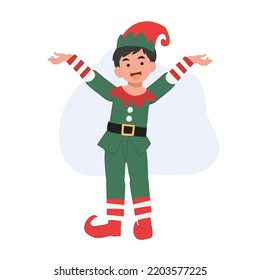 Young christmas elf kid is showing something. Vector illustration