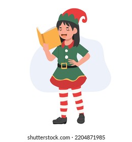 Young christmas elf kid is singing a song. vector illustration