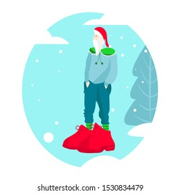 YOUNG CHRISTMAS GNOME in big red boots and red hat on blue winter background. Perfect for postcard, card, invitation, banner, flyer. Vector illustration
