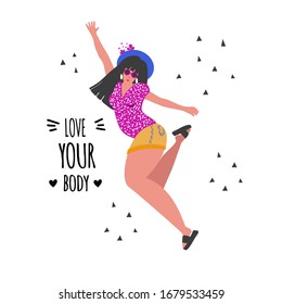 Young chubby happy girl. Love your body. Flat cartoon character on a colored background, suitable for creating postcards, invitations, posters and much more. Colorful vector illustration.