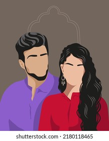 A young cisgender couple from the Middle East, India and East Asian region wearing the national dress of Shalwar Kameez. Modern trendy illustration style - faceless people.