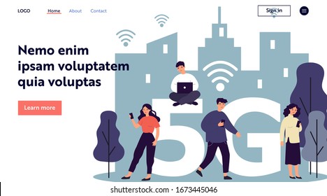 Young citizens using digital gadgets. Laptops an cellphones users using 5G high speed wireless internet connection. Vector illustration for interaction, telecom, wi-fi, smart city concept
