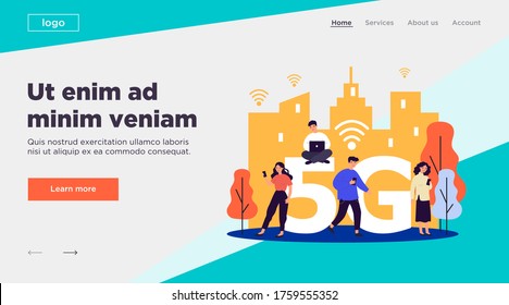 Young citizens using digital gadgets. Laptops an cellphones users using 5G high speed wireless internet connection. Vector illustration for interaction, telecom, wi-fi, smart city concept