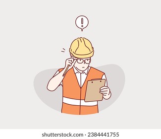 Joven ingeniero civil leyendo trabajo en el portapapeles para planear la construcción. Ilustraciones de diseño vectorial de estilo dibujado a mano.