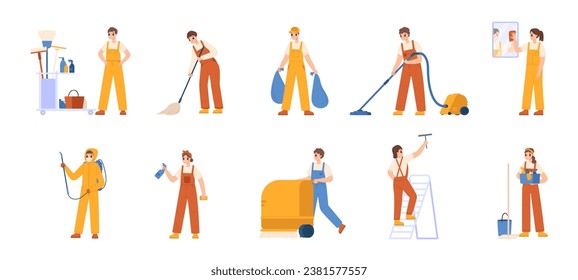 Young cleaner workers washing and disinfection. Clean company staff, service for office and house. Isolated household snugly vector characters