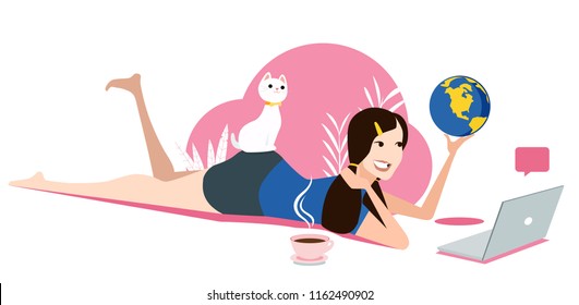 Young clever student drinking coffee and learning geography online at home. Vector cartoon illustration isolated on white background.