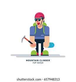 Young climber with ice ax and rope. Vector illustration on isolated background. Extreme sports.