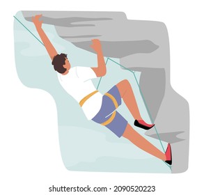 Young Climber Male Character Climbing the Mountain. Man with a Rope Having Extreme Recreation in Park or on Nature. Sport, Hiking and Leisure Activity Concept. Cartoon People Vector Illustration