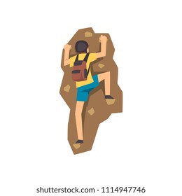 Young climber in protective helmet climbing mountain with backpack, mountaineering, extreme sport and leisure activity concept vector Illustration